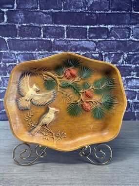 Vintage Mcm Plastic Serving or Display Tray Birds & Pinecones